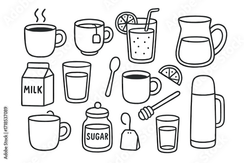 Breakfast Beverage Doodles. Hand-drawn doodle illustration breakfast beverages coffee mug, tea cup, orange juice glass, smoothie glass, milk carton, water