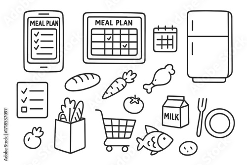 Meal Planning Essentials. Hand-drawn doodle illustration Meal planning app smartphone, tablet, checklist, calendar, fridge, shopping cart, grocery bag, bread,