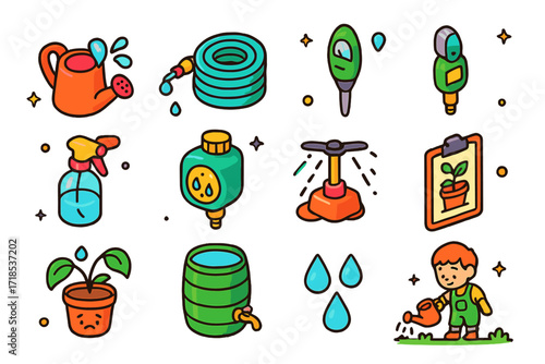 Isometric Garden Care Icons. Colorful isometric vector icons set of watering and garden care: watering can splash, garden hose, irrigation timer, soil moisture