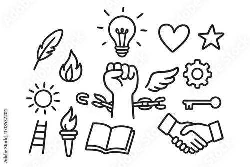 Empowerment Symbols Illustration. Hand-drawn doodle illustration Empowerment broken chains, fist raised, light bulb, heart, star, wings, gear, feather, flame,