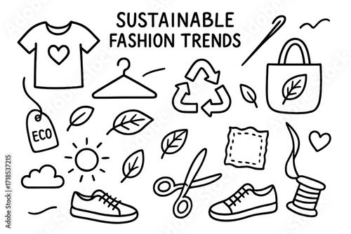 Sustainable Fashion Icons. Hand-drawn doodle illustration Sustainable fashion trends [t-shirt, hanger, sewing needle, thread, cloth bag, recycle symbol, eco