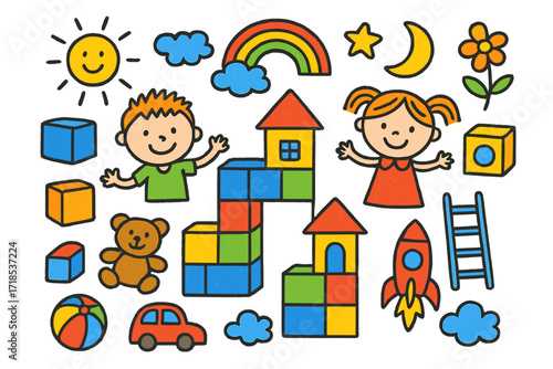 Whimsical Playtime Doodles. Colorful Hand-drawn doodle Children illustration Giant Building Blocks giant cubes, tower, house, rainbow, sun, smiling children,