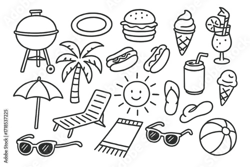 Poolside Summer Essentials. Hand-drawn doodle illustration Poolside barbecue grill, plate, burger, hotdog, ice cream, cocktail, soda can, umbrella, chair,