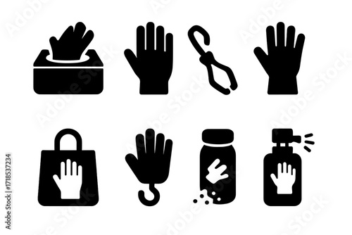 Glove Accessories Icons. Solid, filled icon set of gloves accessories: glove box, glove liner, glove clip, glove dryer, glove bag, glove hook, glove powder,