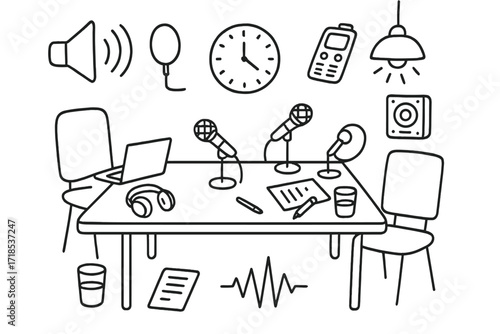 Radio Interview Setup. Hand-drawn doodle illustration Radio interview table, two microphones, headphones, guest chair, host chair, laptop, notes, pen, water