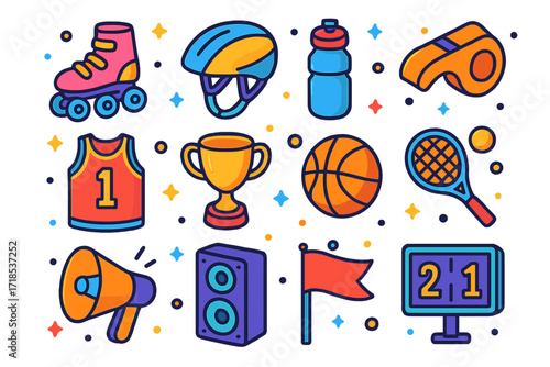 Sports Festival Icons. Sports Festival. Colorful isometric vector icons set of Sports Festival: roller skates, bike helmet, water bottle, whistle, jersey,