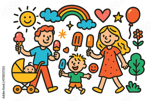Family Ice Cream Stroll. Colorful Hand-drawn doodle Children illustration Family Ice Cream Stroll [parent, child, ice cream cone, popsicle, stroller, heart,