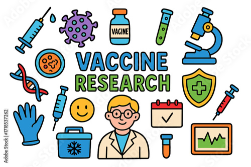 Vibrant Vaccine Discoveries. Colorful Hand-drawn doodle Children illustration Vaccine research syringe, virus icon, vial, microscope, test tube, petri dish,