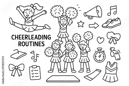 Cheerleading Doodle Icons. Hand-drawn doodle illustration Cheerleading Routines [cheerleader in jump, pyramid pose, pom-poms, megaphone, music note, star,