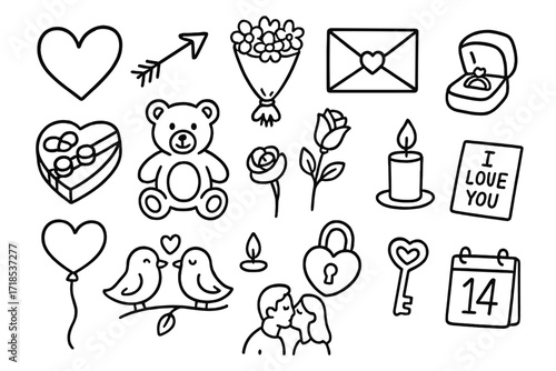 Valentine's Day Doodles. Hand-drawn doodle illustration Valentine?s Day celebration heart, cupid arrow, bouquet, love letter, box of chocolates, teddy bear,
