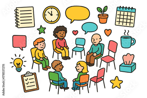 Group Therapy Doodle. Group Therapy. Colorful Hand-drawn doodle Children illustration circle of chairs, group of people, speech bubbles, notebook, clock,