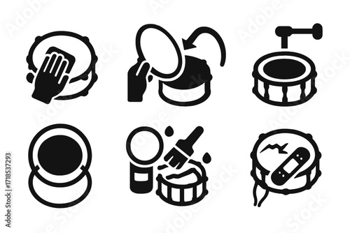 Drumhead Maintenance Icons. Solid, filled icon set of drumhead maintenance: cleaning, replacement, tuning, inspection, storage, coating application, head