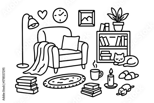 Cozy Reading Nook Illustration. Hand-drawn doodle illustration Cozy reading corner [armchair, blanket, heart, bookshelf, stack of books, lamp, mug, rug,