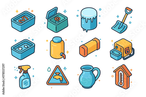 Winter Farm Icon Set. Colorful isometric vector icons set of Winter farm watering systems: trough with heating coil, insulated valve box, frost-covered tank,
