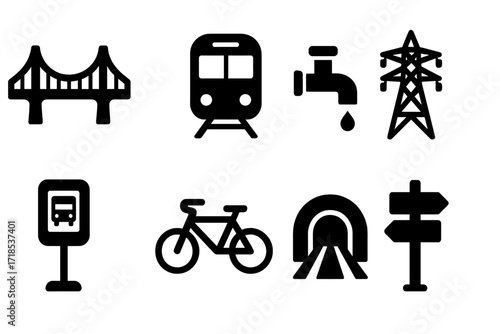 Urban Infrastructure Icons. Solid, filled icon set of urban infrastructure: bridge, subway train, water pipe, power line, bus stop, bike lane, tunnel, street