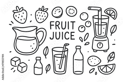 Fruit Juice Elements. Hand-drawn doodle illustration Fruit juice, strawberries, blueberries, kiwi, orange, lemon, glass of juice, straw, pitcher, blender, ice