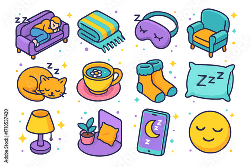 Colorful Nap Icons. Colorful isometric vector icons set of Taking a nap: person curled on sofa, soft blanket, sleeping mask, cozy armchair, cat napping nearby,