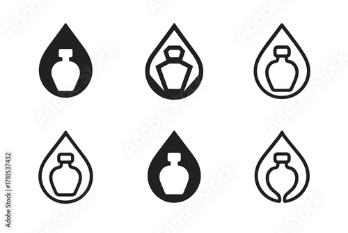 Perfume Logo Variations. Perfume. Set Logo of Perfume: Fragrance droplet. harmonious logo variations of the same emblematic concept, each with different