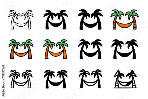 Hammock Logo Collection. Set Logo of outdoor lounging: hammock between two palm trees. Logo set in vector style, emblematic variations. line, bold thick line,