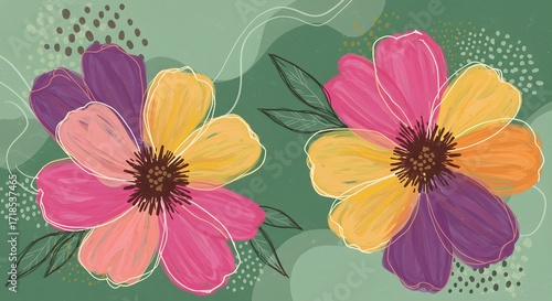 Vibrant abstract floral illustration featuring two stylized flowers with multi-colored petals and delicate leaf accents on a textured green background with w...
