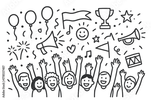 Joyful Celebration Doodles. Hand-drawn doodle illustration joyful street celebration crowd, balloons, confetti, raised hands, megaphone, trumpet, drum, music