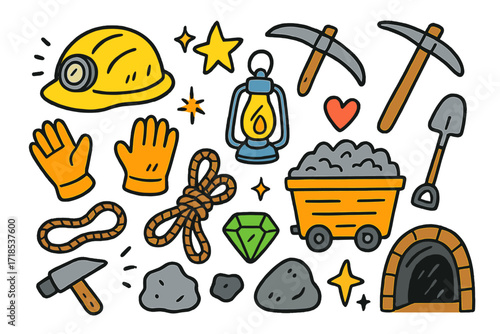 Colorful Miner's Tools. Miner?s life. Colorful Hand-drawn doodle Children illustration helmet, pickaxe, shovel, lantern, cart, gloves, rope, star, heart,