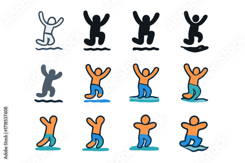 Joyful Jump Logo Variations. Set Logo of Jumping for Joy: person leaping into water. Logo set in vector style, emblematic variations. line, bold thick line,
