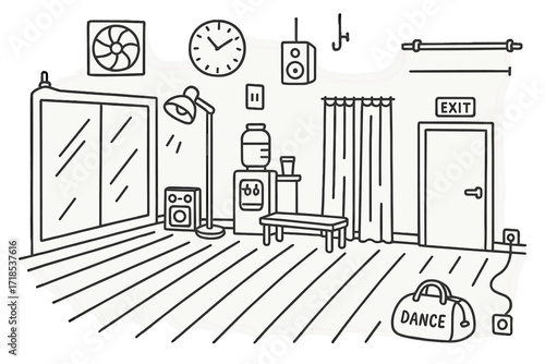 Dance Studio Elements. Hand-drawn doodle illustration [Studio environment] [large mirror, wooden floor, soft spotlight, ventilation fan, wall clock, sound