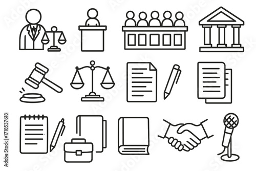 Law and Justice Icons. Hand-drawn doodle illustration Jury and testimony preparation lawyer figure, witness stand, jury box, courthouse, gavel, balance scale,