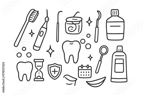 Dental Hygiene Tools Doodle. Hand-drawn doodle illustration Dental Hygiene Tools [toothbrush, electric toothbrush, floss, dental pick, toothpaste, mouthwash,