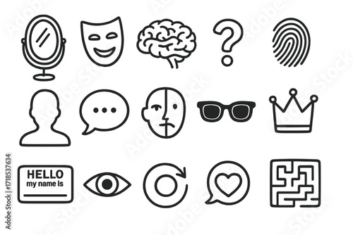Ego and Identity Doodles. Hand-drawn doodle illustration [Ego and Identity] mirror, mask, brain, heart, question mark, fingerprint, silhouette, speech bubble,