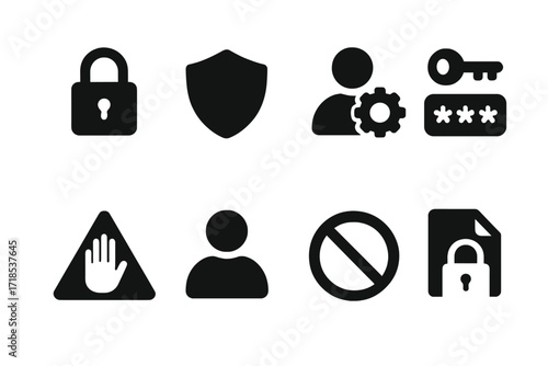 Social Media Security Icons. Solid, filled icon set of social media security: lock, shield, privacy settings, password key, two-factor authentication, report