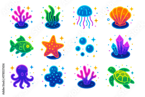 Neon Underwater Icons. Colorful isometric vector icons set of neon underwater nature: glowing coral, luminous seaweed, neon jellyfish, radiant shell, light-up