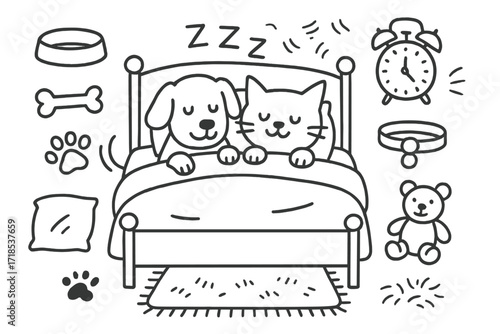 Cozy Pet Bed. Hand-drawn doodle illustration [pets in bed] [dog, cat, bed, blanket, pet bowl, chew toy, pillow, paw print, collar, stuffed toy, tail wag, alarm