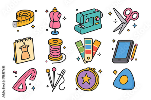 Fashion Design Icons. Colorful isometric vector icons set of fashion design tools: measuring tape, dress form, sewing machine, fabric scissors, sketchbook,