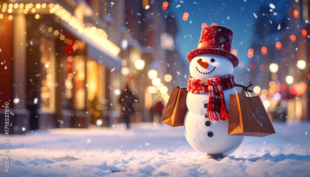 Obraz premium Festive snowman shopping on snowy street