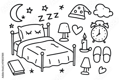Restful Night Symbols. Hand-drawn doodle illustration Restful night bed, pillow, blanket, closed eyes, Zzz letters, alarm clock, moon, stars, cloud, nightcap,