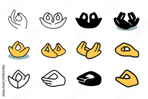Mindfulness Logo Set. Set Logo of Mindfulness practices and meditation retreats: Open hands in mudra pose. Logo set in vector style, emblematic variations.