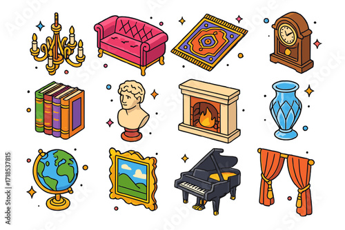 Bourgeois Home Decor Icons. Colorful isometric vector icons set of Bourgeois home decor: chandelier, velvet sofa, Persian rug, antique clock, bookshelf with