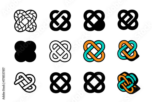 Tangle Rope Logos. Set Logo of Tangle: Rope puzzle knot. Logo set in vector style, emblematic variations. line, bold thick line, solid black filled, solid