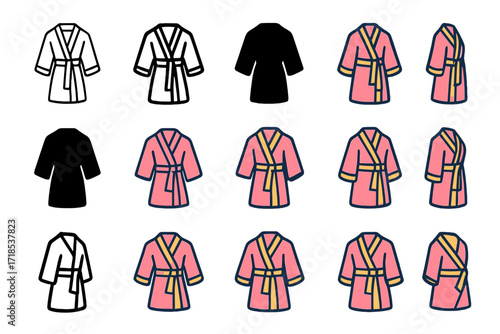 Spa Robe Logos. Set Logo of Spa Robes: Silk kimono robe. Logo set in vector style, emblematic variations. line, bold thick line, solid black filled, solid