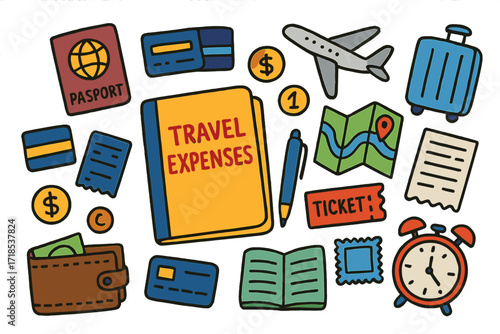 Travel Expenses Doodle. Colorful Hand-drawn doodle Children illustration Travel expenses folder [bill folder, passport, credit card, wallet, money, coin,