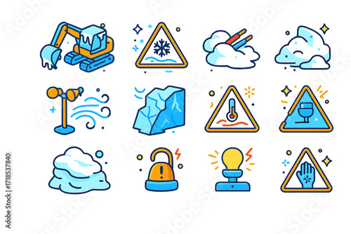 Polar Mining Challenges Icons. Colorful isometric vector icons set of Challenges of mining in polar climates: frozen machinery, whiteout conditions, buried