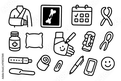 Broken Arm Care Essentials. Hand-drawn doodle illustration [broken arm care] [arm in cast, sling, bone x-ray, calendar, medicine bottle, pillow, brace,