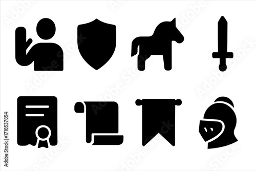Medieval Icons Set. Solid, filled icon set of vassal duties: oath taking, shield bearing, horse, sword, sealed document, scroll, banner, knight?s helmet.