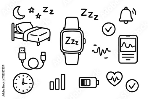 Smartwatch Sleep Doodles. Hand-drawn doodle illustration Smartwatch sleep tracking [smartwatch, charging cable, bed, pillow, moon, stars, zzz symbol, clock,