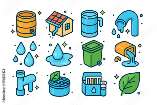 Colorful Rainwater Icons. Colorful isometric vector icons set of clear rainwater collection: rain barrel, rooftop gutter, clean filter tank, water spout, glass