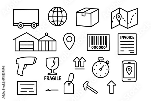 Logistics Doodle Compilation. Hand-drawn doodle illustration Logistics Company cargo truck, globe icon, delivery box, route map, warehouse, shipping container,