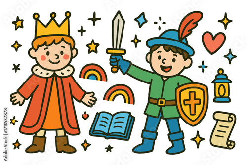 Colorful Cosplay Doodle. Colorful Hand-drawn doodle Children illustration Historical Duo Cosplay crown, robe, sword, shield, boots, gloves, feather hat, star,