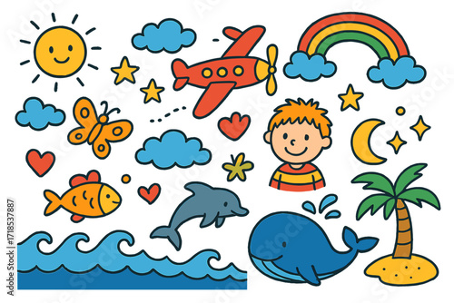 Sky and Sea Adventure. Colorful Hand-drawn doodle Children illustration Sky and Sea Adventure airplane, rainbow, waves, fish, dolphin, whale, butterfly, heart,